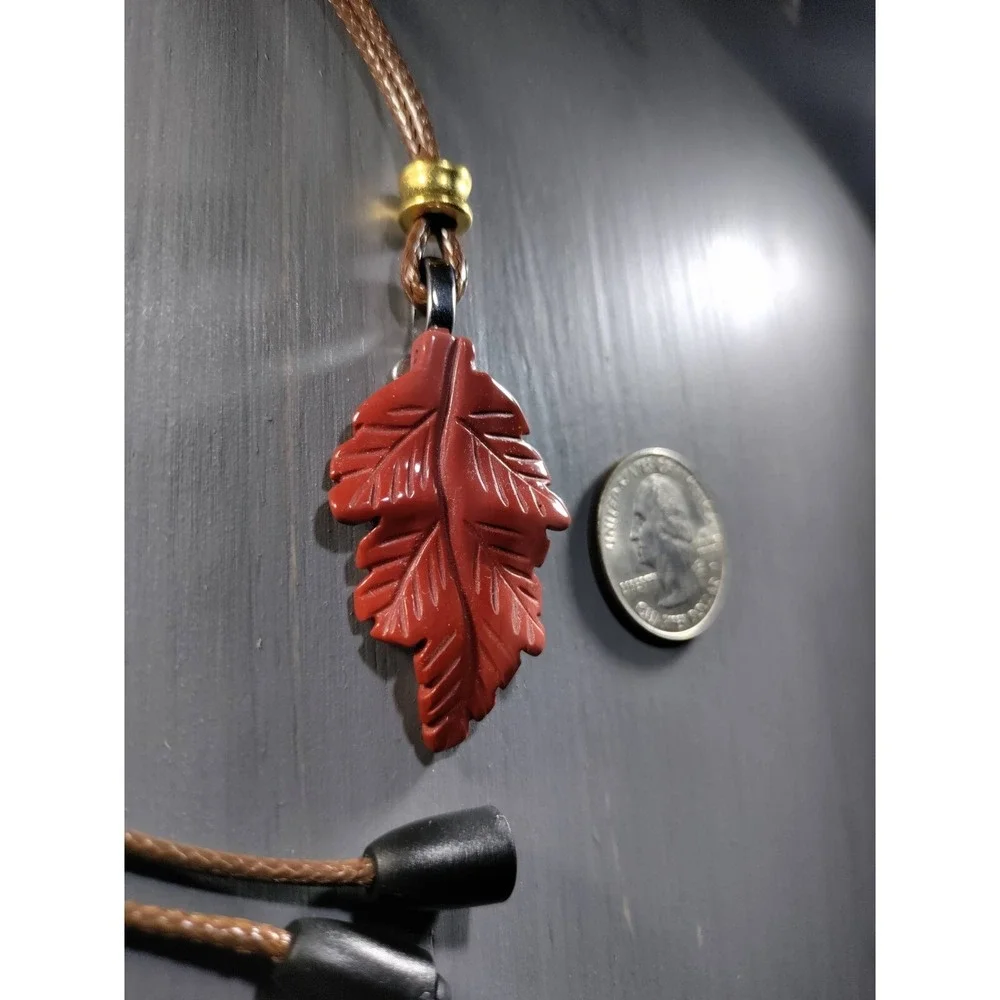 TrailerSpark Red Jasper Carved Leaf Pendant Necklace 18in Waxed Cord Break Away